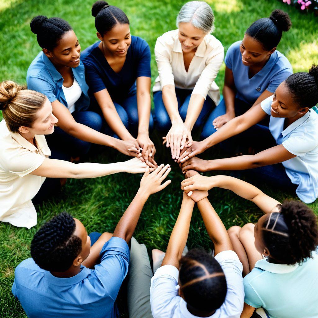 A diverse group of people sitting in a circle, sharing supportive messages, with soft, warm lighting that creates a comforting atmosphere. Include symbolic elements like blue ribbons (representing cancer awareness) and hands reaching out to one another. In the background, a lush garden symbolizes growth and healing. super-realistic. soft pastels. warm tones.