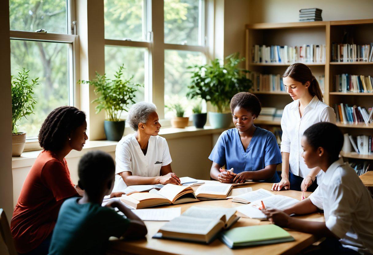A serene and uplifting scene depicting a diverse group of individuals engaged in a supportive educational environment, surrounded by books and educational materials related to oncology. Show a warm light illuminating the room, symbolizing hope and empowerment, while incorporating gentle nature elements outside the window. Subtle visual elements of wellness, like plants and calming colors, reinforce the theme of care in education. super-realistic. vibrant colors. soft focus.
