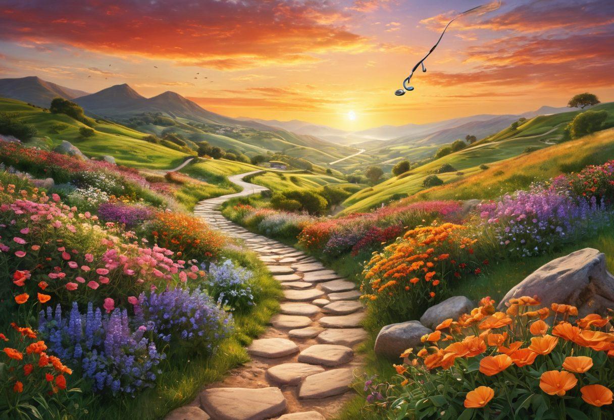 A serene landscape showcasing diverse nature elements symbolizing healing, with a radiant sunrise in the background, a winding path leading through gentle hills, and uplifting icons like a stethoscope and a heart intertwined with blooming flowers along the way. Encourage feelings of hope and resilience with warm, inviting colors. super-realistic. vibrant colors. healing theme.